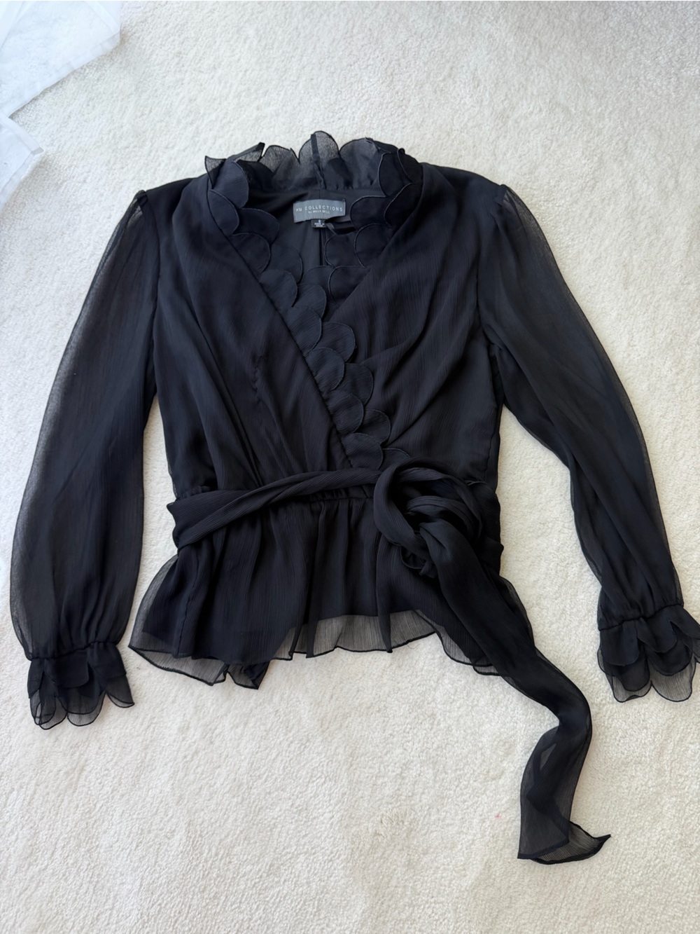 KM Collections Black Ruffled Petals Semi-Sheer Wrap Blouse